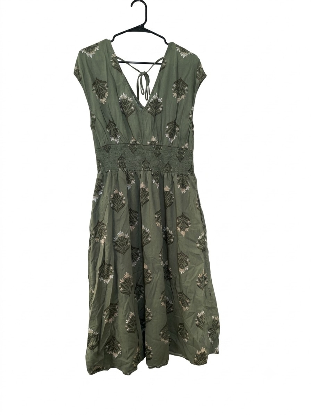 Old Navy Olive Printed V-Neck Smocked Midi Dress - Picture 2 of 11